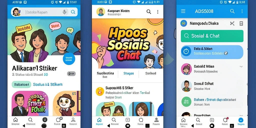 Tampilan antarmuka aplikasi dengan beragam stiker dan status.