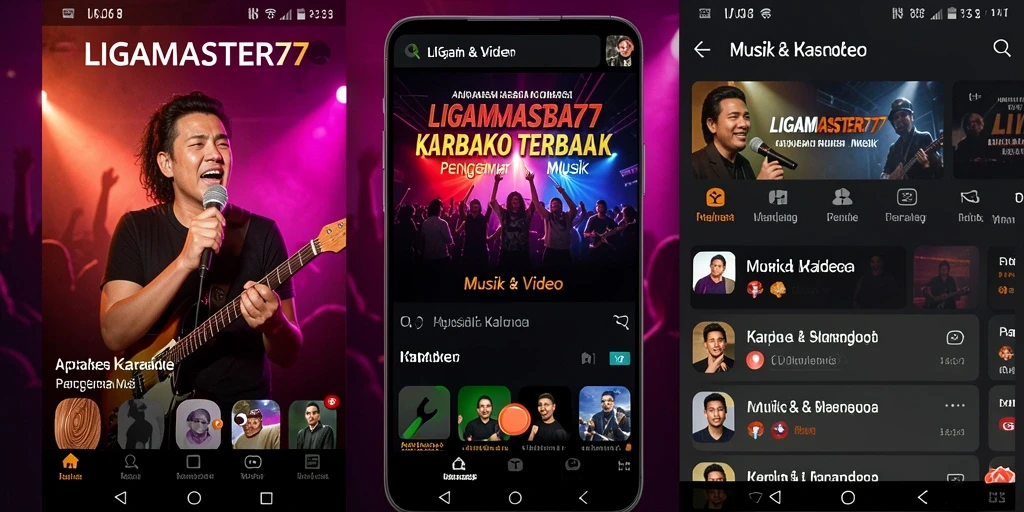 Antarmuka pengguna LIGAMASTER77 dengan pilihan lagu karaoke.