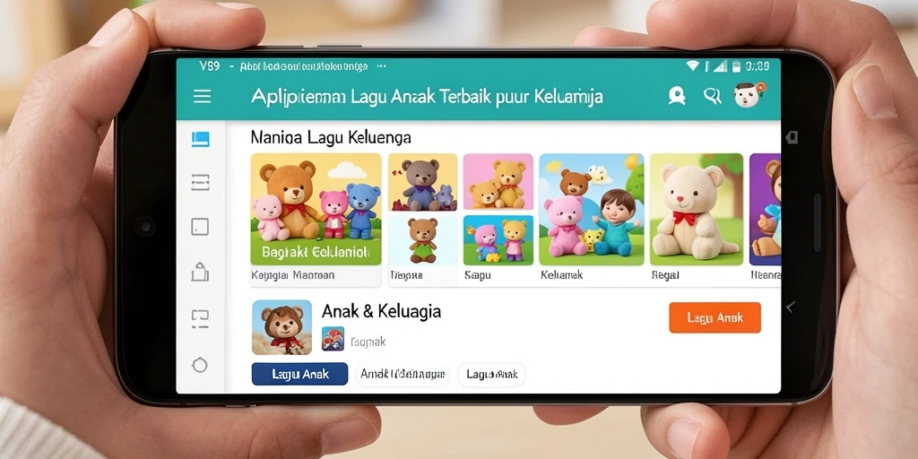 Antarmuka aplikasi V89 dengan berbagai lagu anak yang ceria.